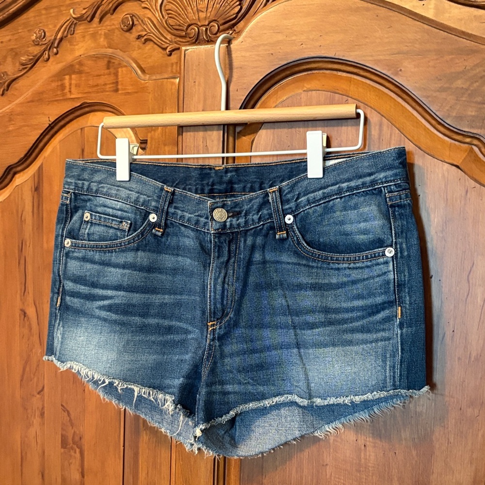 rag & bone Dark Blue Denim Frayed Hem Shorts
